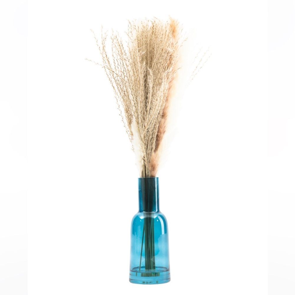 Flora Bunda Pampas Grass in Blue Glass Vase NIB